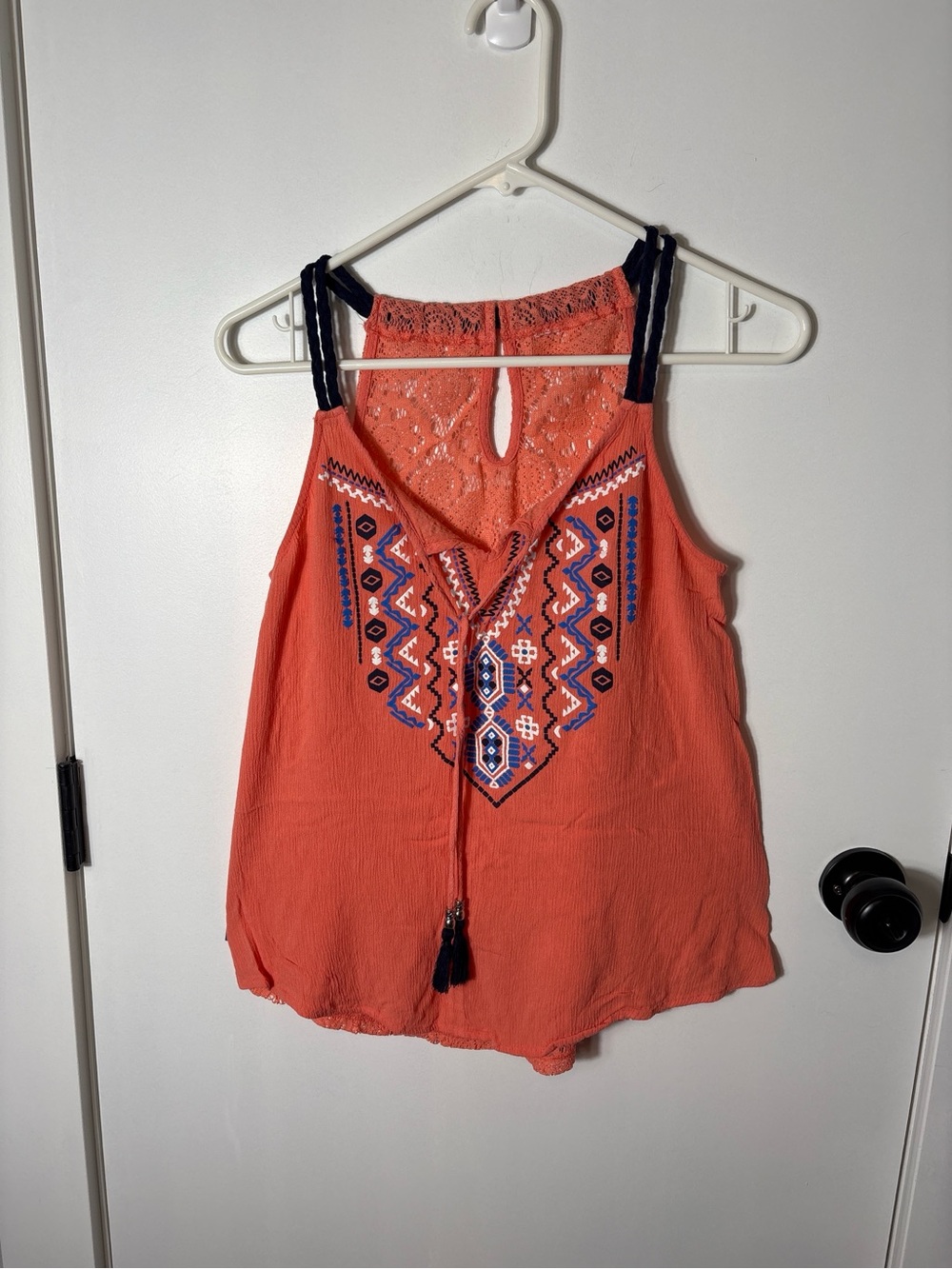 Boho Embroidered Coral Tank Top Small Crochet Lace Tassel Festival Indie Y2K